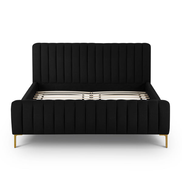 Tov Furniture Angela Glamorous Upcycled Linen King Bed With Channel Tufting And Chic Gold Legs For Stylish Dreams Black Mdf,Recycled Fabric,Stainless Steel Tov-b69257