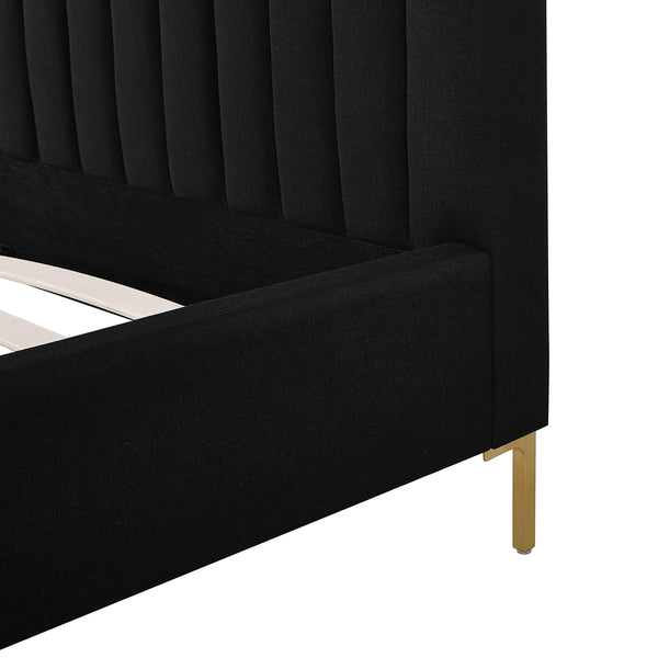 Tov Furniture Angela Glamorous Upcycled Linen King Bed With Channel Tufting And Chic Gold Legs For Stylish Dreams Black Mdf,Recycled Fabric,Stainless Steel Tov-b69257
