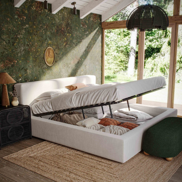 TOV Furniture Meena Cream Upcycled Linen Storage Bed – Eco-Friendly Comfort with Hydraulic Lift for Modern Bedrooms King TOV-B69330