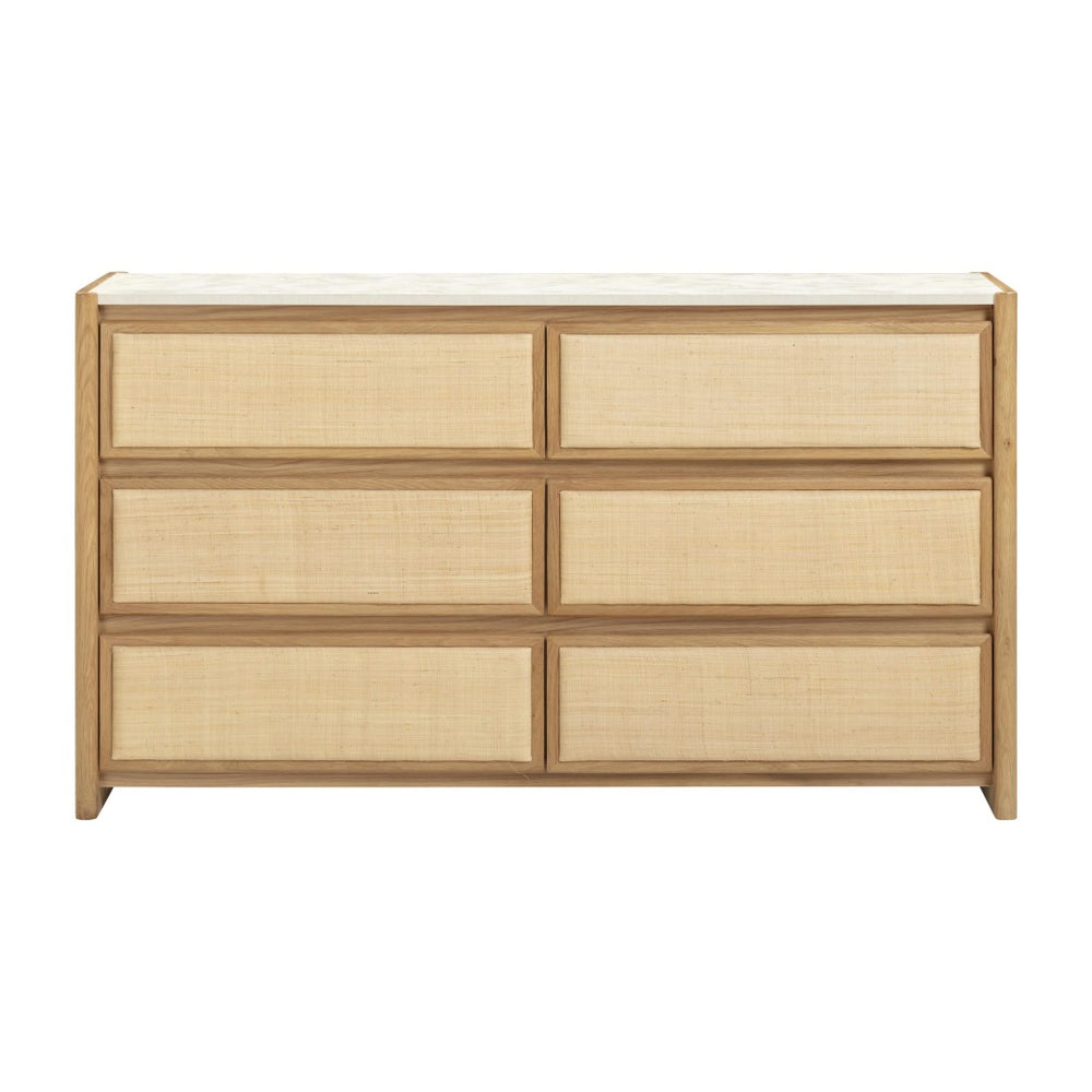 TOV Furniture Paige 56" Natural Oak Dresser with 6 Drawers, Faux-Marble Top & Soft-Close Glides for Modern Spaces TOV-B69354