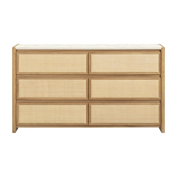 TOV Furniture Paige 56" Natural Oak Dresser with 6 Drawers, Faux-Marble Top & Soft-Close Glides for Modern Spaces TOV-B69354