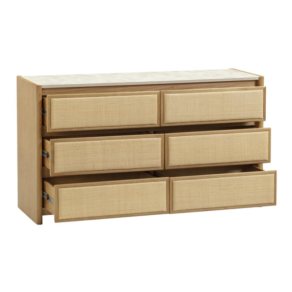 TOV Furniture Paige 56" Natural Oak Dresser with 6 Drawers, Faux-Marble Top & Soft-Close Glides for Modern Spaces TOV-B69354