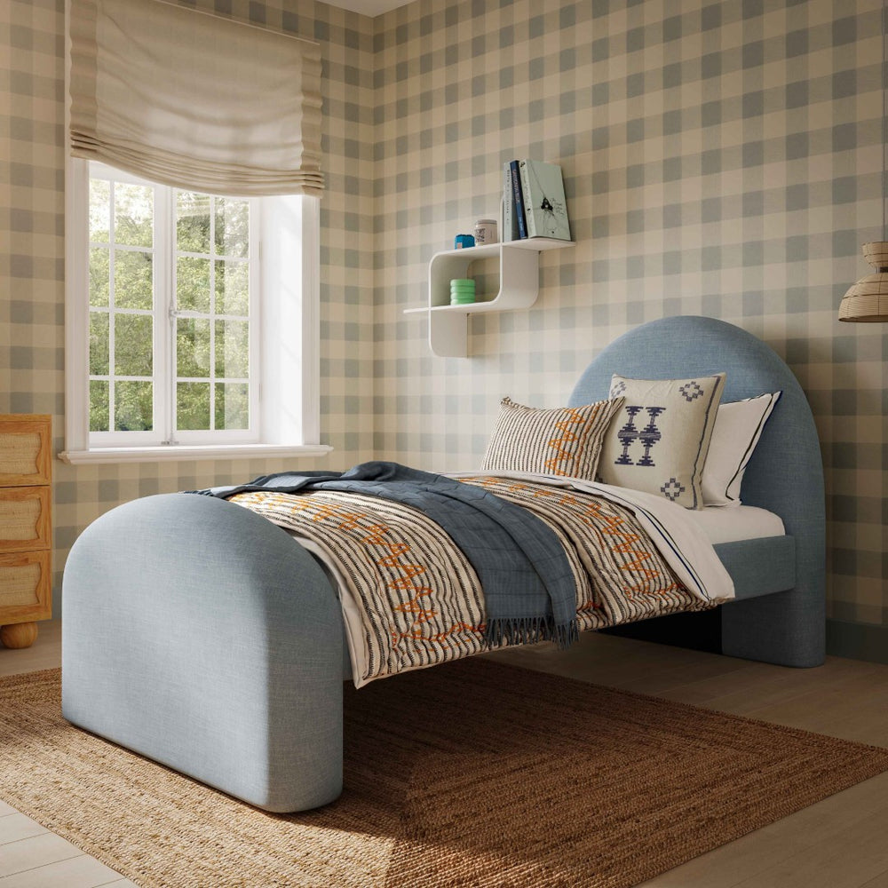TOV Furniture Moon Twin Bed in Chambray Blue Chenille - Art Deco Style with Optional Trundle for Extra Comfort TOV-B69369