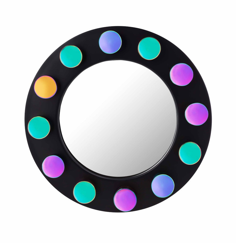 TOV Furniture Rockstar 27.5" Black Round Wall Mirror with Colorful Iridescent Studs - Modern Decor Accent Piece TOV-C18305
