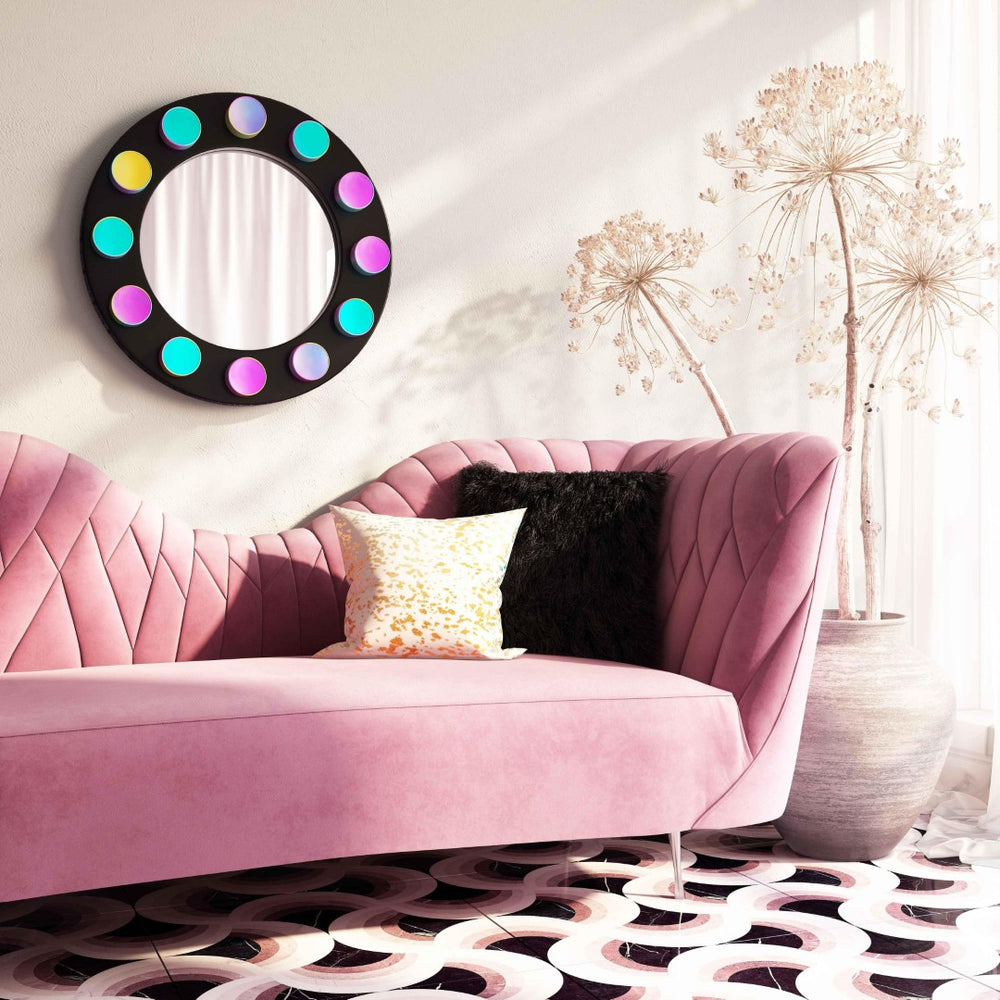 TOV Furniture Rockstar 27.5" Black Round Wall Mirror with Colorful Iridescent Studs - Modern Decor Accent Piece TOV-C18305