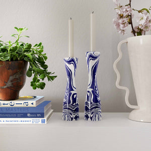 TOV Furniture Serene Blue & White Swirl Resin Candlestick - Handmade Elegance for Modern and Retro Décor Large TOV-C18468