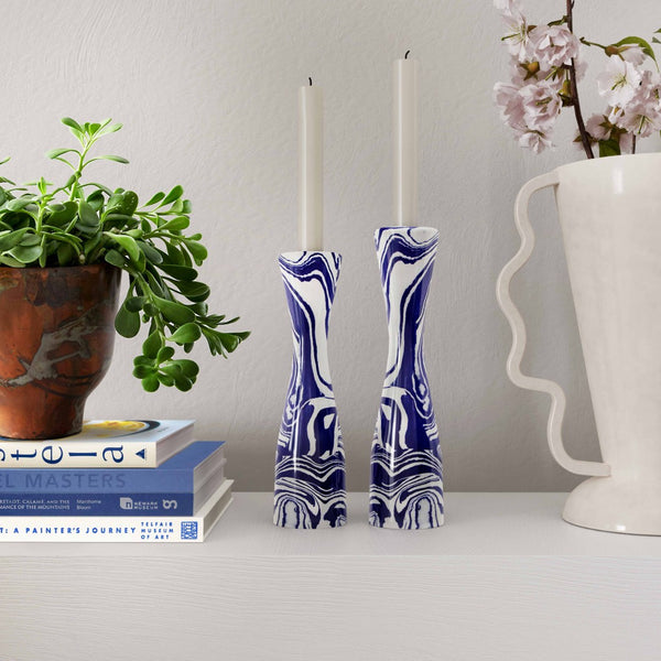 TOV Furniture Serene Blue & White Swirl Resin Candlestick - Handmade Elegance for Modern and Retro Décor Large TOV-C18468
