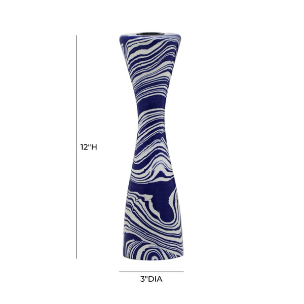 TOV Furniture Serene Blue & White Swirl Resin Candlestick - Handmade Elegance for Modern and Retro Décor Large TOV-C18468