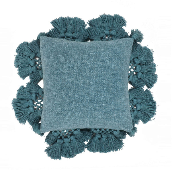 TOV Furniture Stone 21" Stone-Washed Cotton Tasseled Throw Pillow Cover - Artisan-Made Comfort for Any Space Blue / With Insert TOV-C18589
