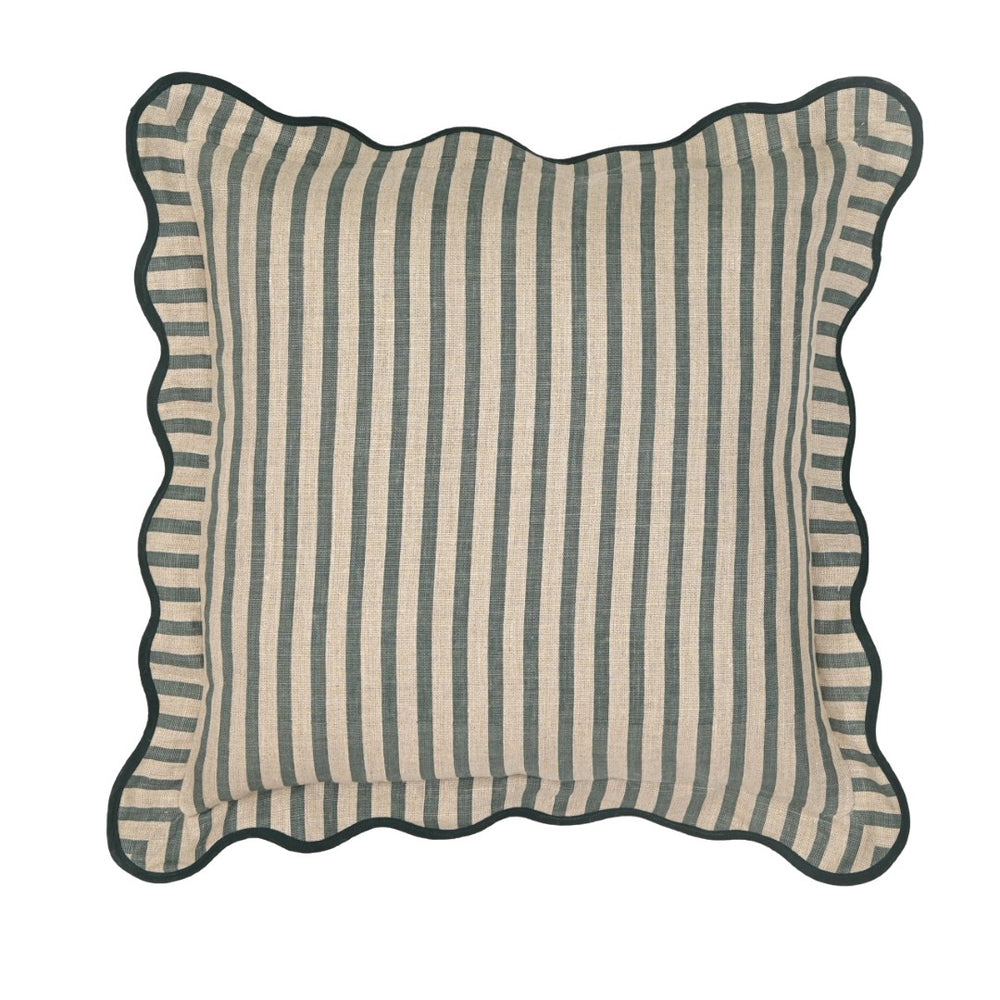 TOV Furniture Striped Linen Throw Pillow - Artisan-Made, Soft Cotton Blend with Scalloped Trim for Elegant Decor Green / Pillow Cover Only TOV-C18889-COVER
