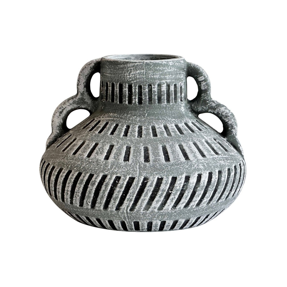 TOV Furniture Earthenware Aztec-Inspired Wide Flower Vase in Serene Blue – Handcrafted Ceramic Home Accent Decor TOV-C54684