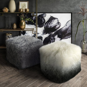 TOV Furniture Tibetan Sheep Pouf – Luxurious Handcrafted Accent for Cozy Interiors, Versatile Seating & Style White/Grey TOV-C5713