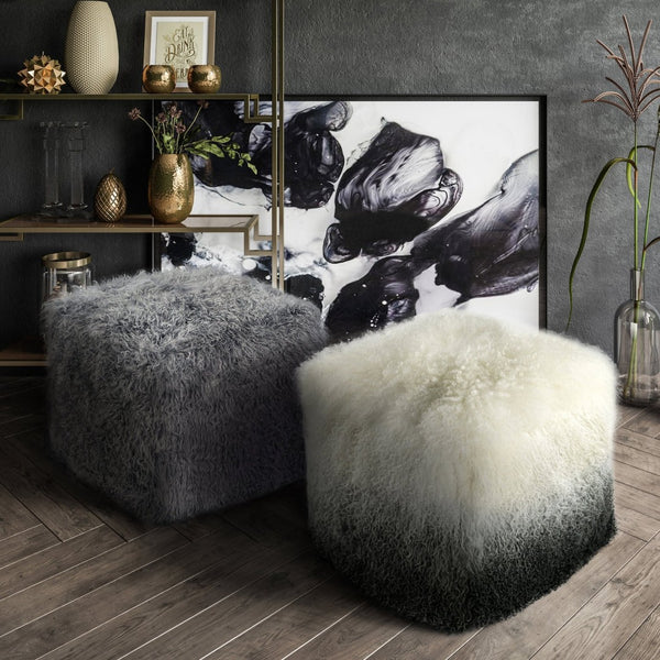 TOV Furniture Tibetan Sheep Pouf – Luxurious Handcrafted Accent for Cozy Interiors, Versatile Seating & Style White/Grey TOV-C5713