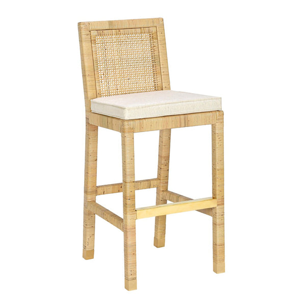 TOV Furniture Amara Rattan Stool with Cream Linen Upholstery - Handcrafted Comfort for Coastal and Boho Spaces Bar Height TOV-D21032