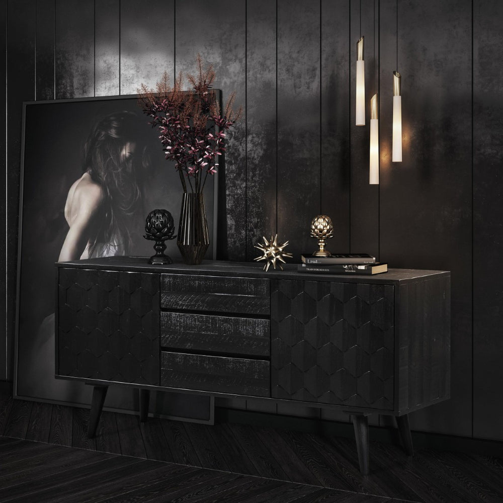 TOV Furniture Valentina 59" Black Acacia Buffet - Luxe Hollywood Glam with Geometric Design & Ample Storage Space TOV-D44013