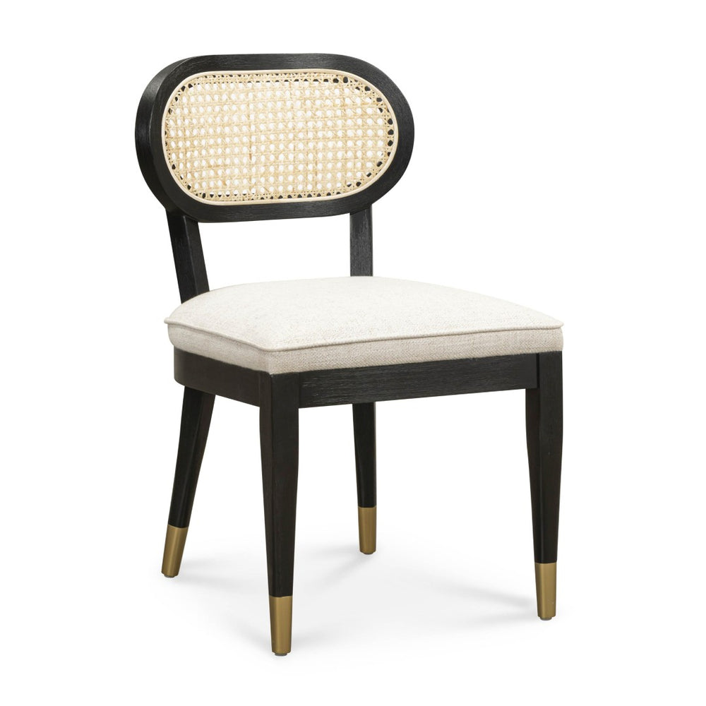 TOV Furniture Cosette Black Dining Chair: Mid-Century Elegance with Cream Linen, Brass-Capped Legs & Cane Back TOV-D54519