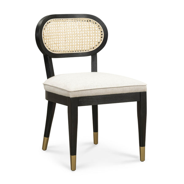 TOV Furniture Cosette Black Dining Chair: Mid-Century Elegance with Cream Linen, Brass-Capped Legs & Cane Back TOV-D54519