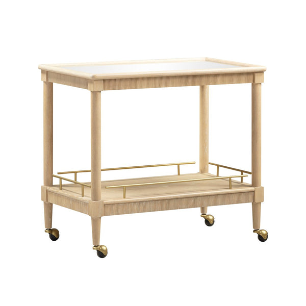 TOV Furniture Slosh 37" Natural Ash Bar Cart - Stylish Rolling Home Bar with Mirrored Top & Brass Accents TOV-D54539