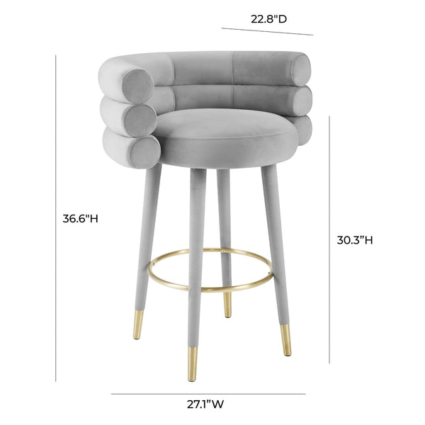 TOV Furniture Betty Velvet Stool - Chic Upholstered Seating with Gold Accents for Modern Kitchens and Bars Grey / Bar Height TOV-D6452