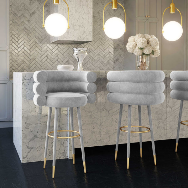 TOV Furniture Betty Velvet Stool - Chic Upholstered Seating with Gold Accents for Modern Kitchens and Bars Grey / Bar Height TOV-D6452