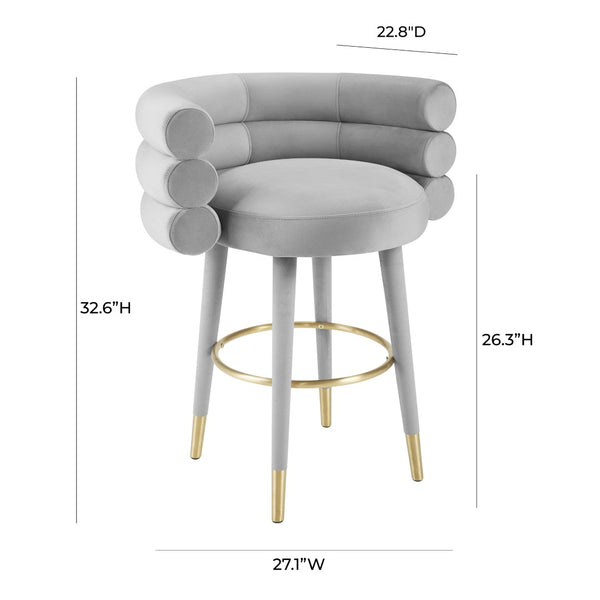 TOV Furniture Betty Velvet Stool - Chic Upholstered Seating with Gold Accents for Modern Kitchens and Bars Grey / Counter Height TOV-D6453