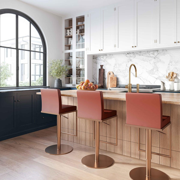 TOV Furniture Sentinel Saddle Brown Vegan Leather Adjustable Bar Stool with Rose Gold Base – Modern Comfort & Style TOV-D68295