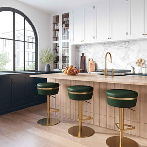 TOV Furniture Astro Stool - Elegant Vegan Leather Adjustable Bar Seating with Plush Cushion and Gold Accents Green TOV-D68296