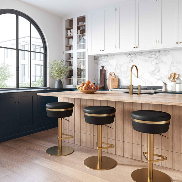 TOV Furniture Astro Stool - Elegant Vegan Leather Adjustable Bar Seating with Plush Cushion and Gold Accents Black TOV-D68297