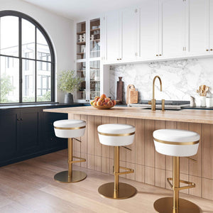 TOV Furniture Astro Stool - Elegant Vegan Leather Adjustable Bar Seating with Plush Cushion and Gold Accents White TOV-D68298