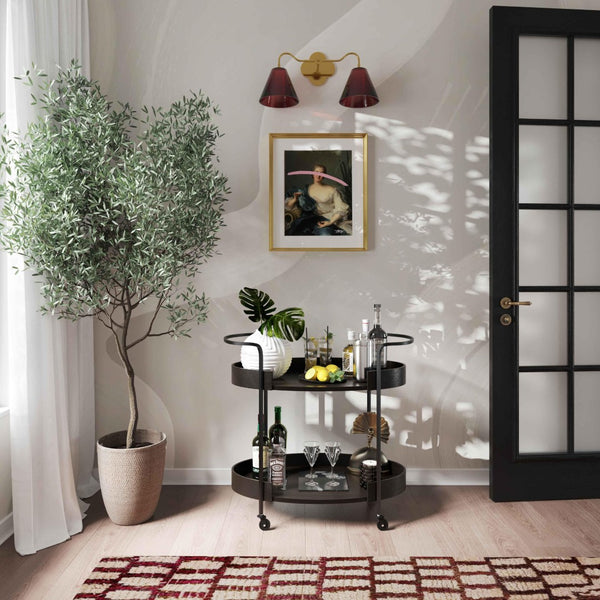 TOV Furniture Cyril Black Bar Cart: Modern Matte Oak & Iron Design with Swivel Casters for Effortless Entertaining TOV-D68617