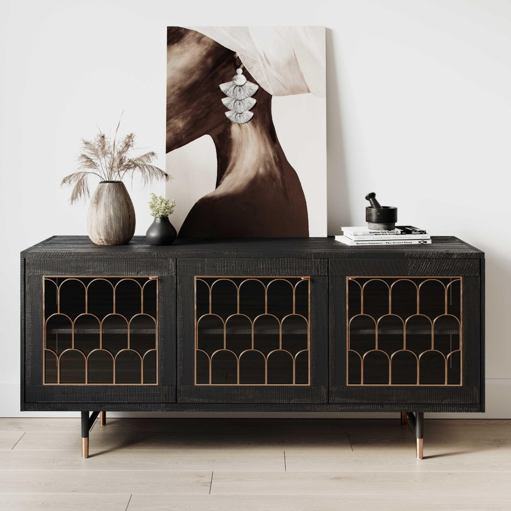TOV Furniture Gatsby 66" Black Acacia Wood Buffet - Luxe Hollywood Glam Storage with Soft-Close Doors & Adjustable Shelves TOV-D7069