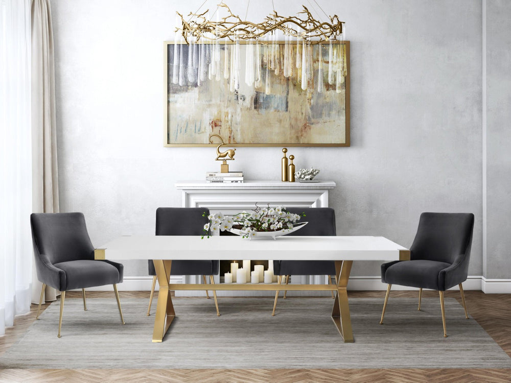 TOV Furniture Adeline 95" Glossy White Lacquer Dining Table with Gold Accents - Elegant Centerpiece for Any Space TOV-G5496