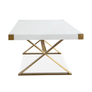 TOV Furniture Adeline 95" Glossy White Lacquer Dining Table with Gold Accents - Elegant Centerpiece for Any Space TOV-G5496