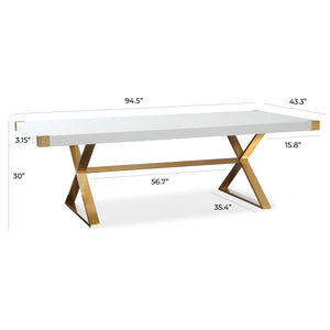 TOV Furniture Adeline 95" Glossy White Lacquer Dining Table with Gold Accents - Elegant Centerpiece for Any Space TOV-G5496