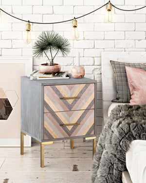 TOV Furniture Quinn 19" Grey Chevron Side Table with 2 Drawers - Modern Rustic Glam for Stylish Living Spaces TOV-G5499