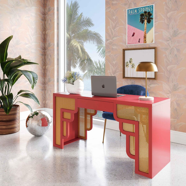 TOV Furniture Suzie 62" Art Moderne Rattan Executive Desk with Soft-Close Drawer for Stylish Workspace Solutions Pink TOV-H44179