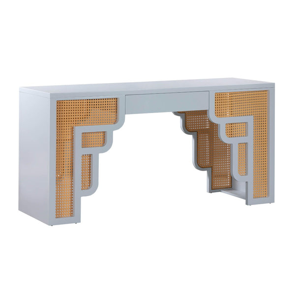 TOV Furniture Suzie 62" Art Moderne Rattan Executive Desk with Soft-Close Drawer for Stylish Workspace Solutions Blue TOV-H44182