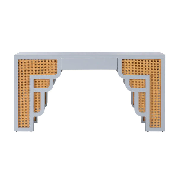 TOV Furniture Suzie 62" Art Moderne Rattan Executive Desk with Soft-Close Drawer for Stylish Workspace Solutions Blue TOV-H44182