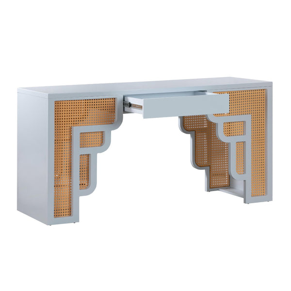 TOV Furniture Suzie 62" Art Moderne Rattan Executive Desk with Soft-Close Drawer for Stylish Workspace Solutions Blue TOV-H44182