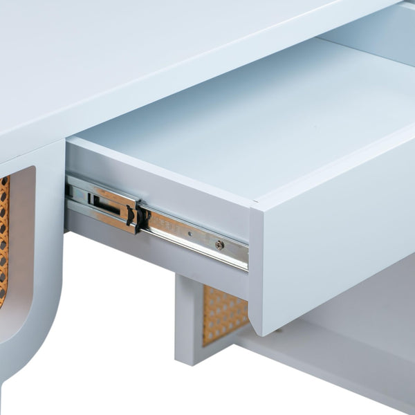 TOV Furniture Suzie 62" Art Moderne Rattan Executive Desk with Soft-Close Drawer for Stylish Workspace Solutions Blue TOV-H44182