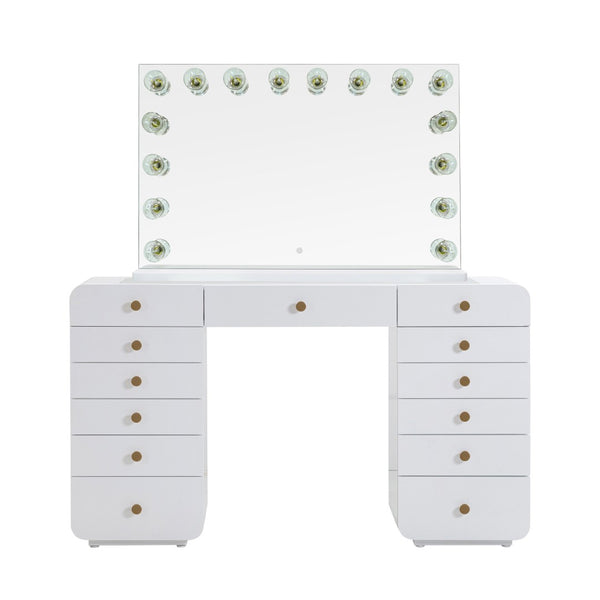TOV Furniture Hollywood Glamorous 56" White Vanity Desk with Smart Touch Mirror & Ample Storage for Beauty Essentials TOV-H54352
