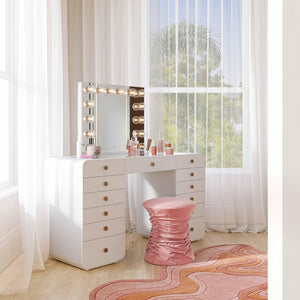 TOV Furniture Hollywood 56" White 13-Drawer Vanity Desk - Glamorous Makeup Station with Spacious Mirror & Storage TOV-H54352-D