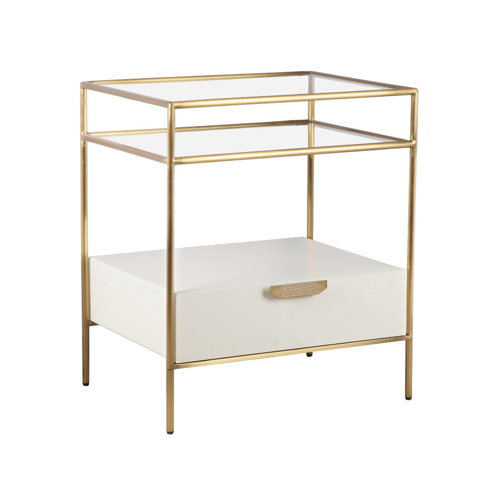 TOV Furniture Darla 23" Cream Glass Nightstand with Soft-Close Drawer & Elegant Open Shelf for Modern Bedrooms TOV-IHB68765