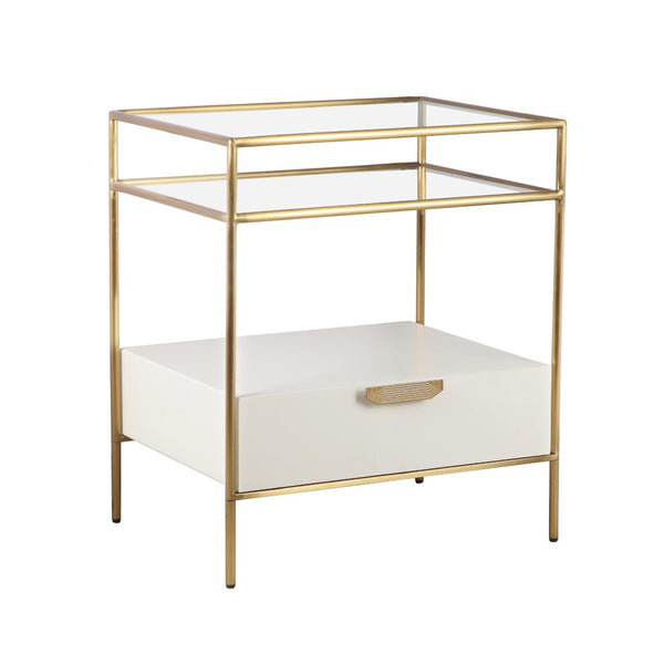 TOV Furniture Darla 23" Cream Glass Nightstand with Soft-Close Drawer & Elegant Open Shelf for Modern Bedrooms TOV-IHB68765
