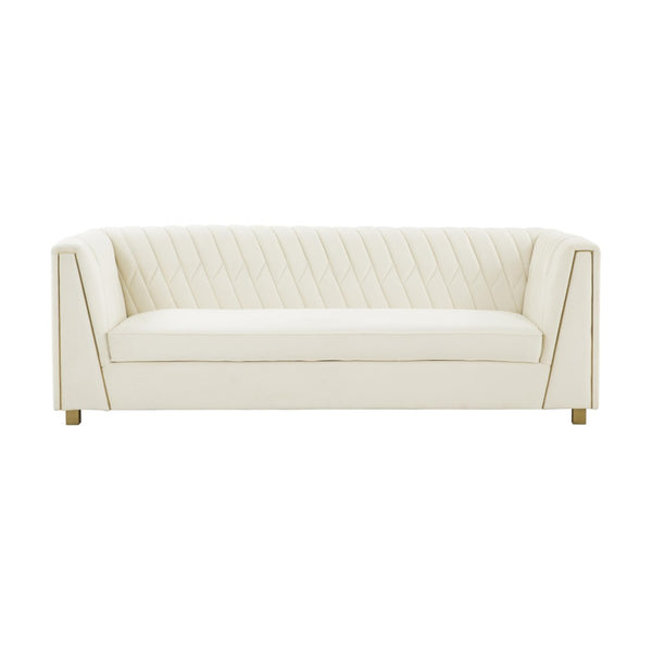 TOV Furniture Wafa 87" Cream Velvet Sofa - Handcrafted Glamour with Gold Accents & Geometric Stitch for Elegance TOV-IHS68203