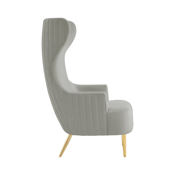 TOV Furniture Julia Velvet Wingback Accent Chair - Modern Glamour, Channel Tufted Back & Brushed Gold Legs Grey TOV-IHS68510