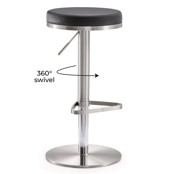 TOV Furniture Fano Performance Vegan Leather Adjustable Barstool with 360° Swivel and Stainless Steel Frame Black TOV-K3613