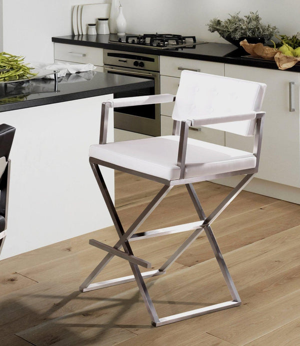 TOV Furniture Director Performance Vegan Leather Stool – Stylish Comfort with Stainless Steel X-Base for Any Space White / Counter Height TOV-K3624