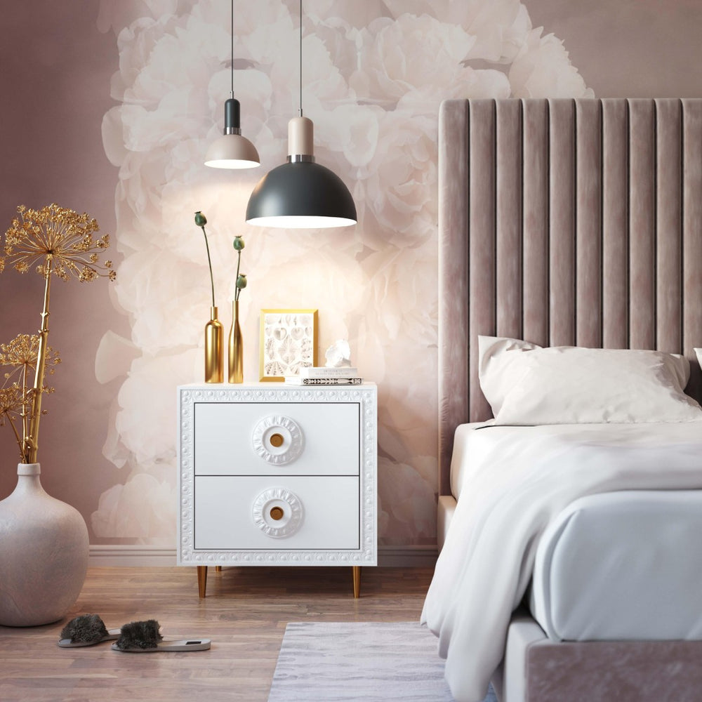 TOV Furniture Bovey Chic White Lacquer Side Table with Gold Accents, Soft-Close Drawers & Stylish Storage Solution TOV-L5525