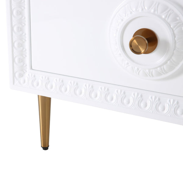 TOV Furniture Bovey Chic White Lacquer Side Table with Gold Accents, Soft-Close Drawers & Stylish Storage Solution TOV-L5525
